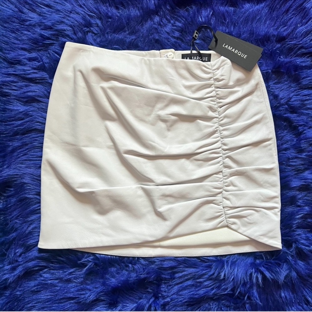 New! LAMARQUE Aricia Ruched White 100% Lambskin Leather Mini Skirt